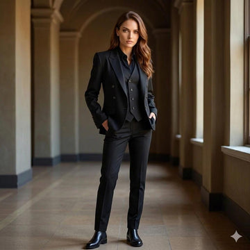Jet Black Tailored 3-Piece Women's Suit, Elegant Blazer Set