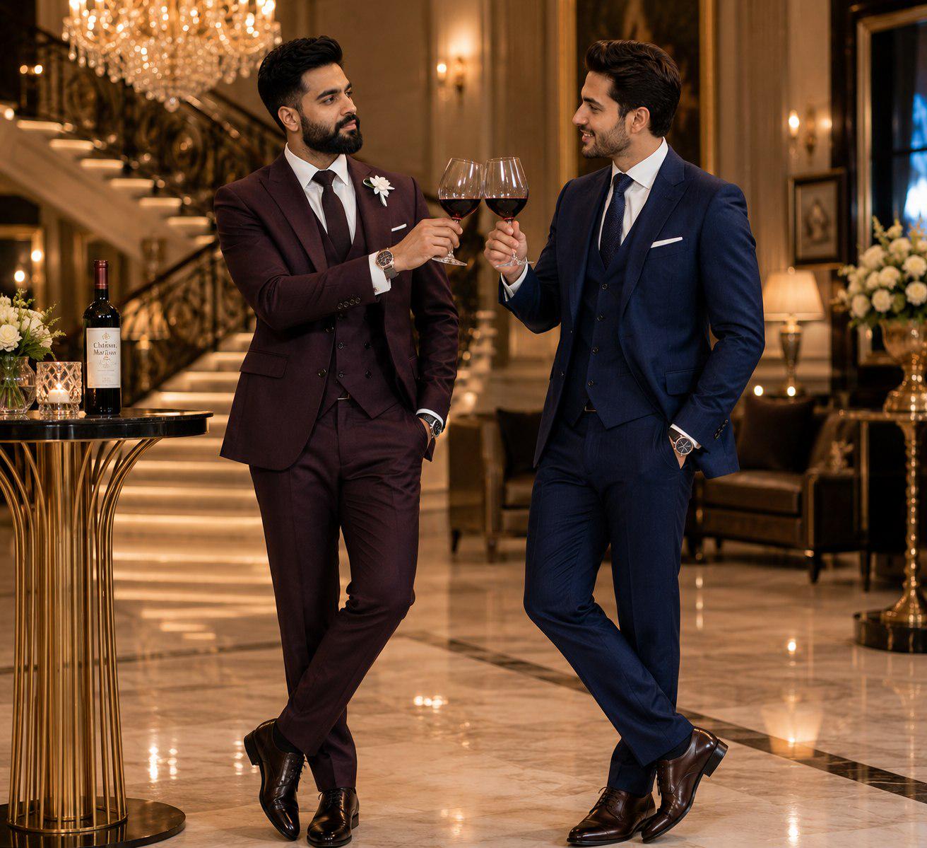 Classic Dark Wine Slim Fit Three Piece Suit For Men Partywear, Wedding, Grooms & Groomsman
