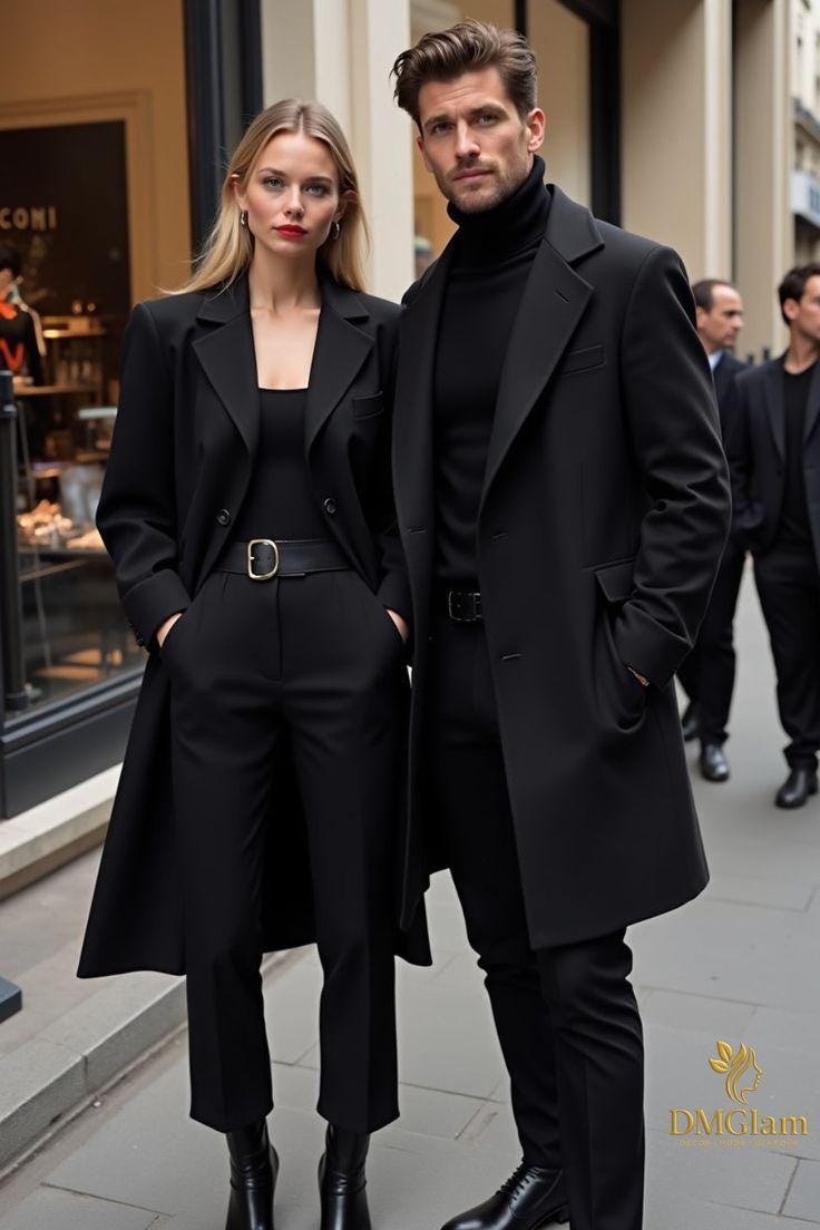 Black Couple's Long Wool-Blend Coat Set: Elegant Winter Outerwear for Him & Her