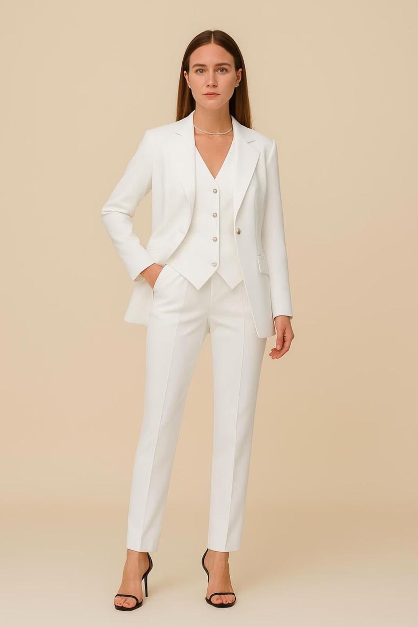 White Bridal Pantsuit: Tailored 3-Piece Suit with Blazer & Waistcoat