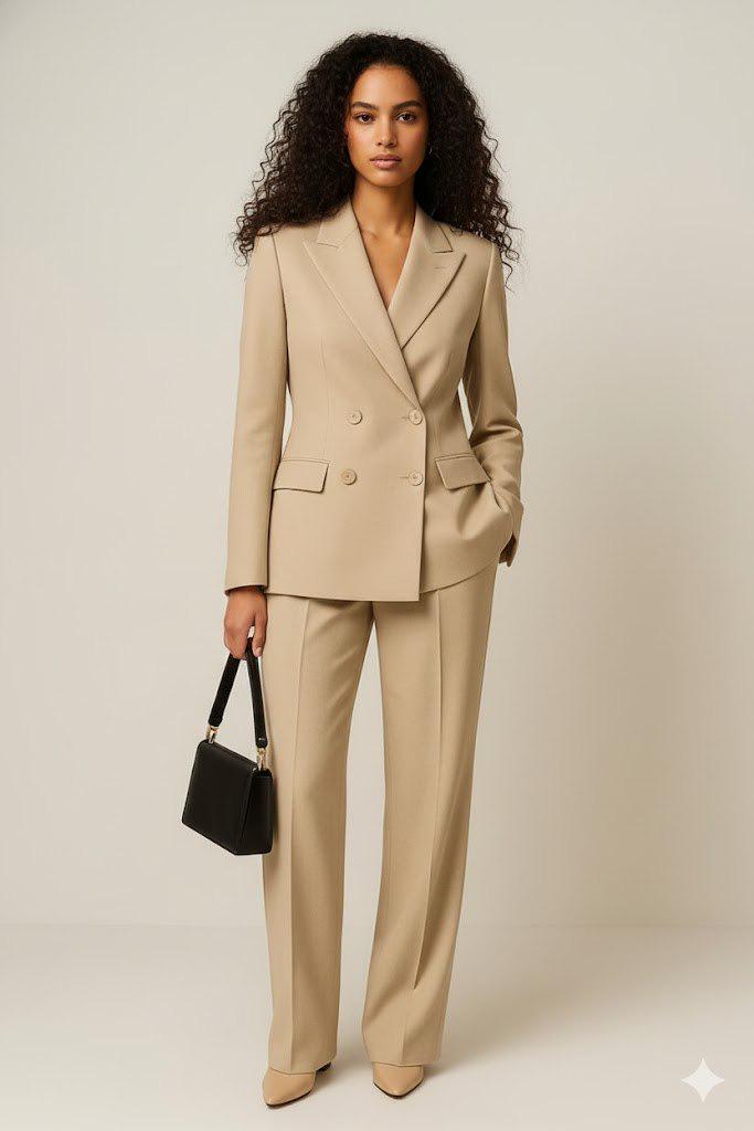 Classic Cream/Beige Double Breasted 2pc Suit For Women Partywear, Modern & Office wear