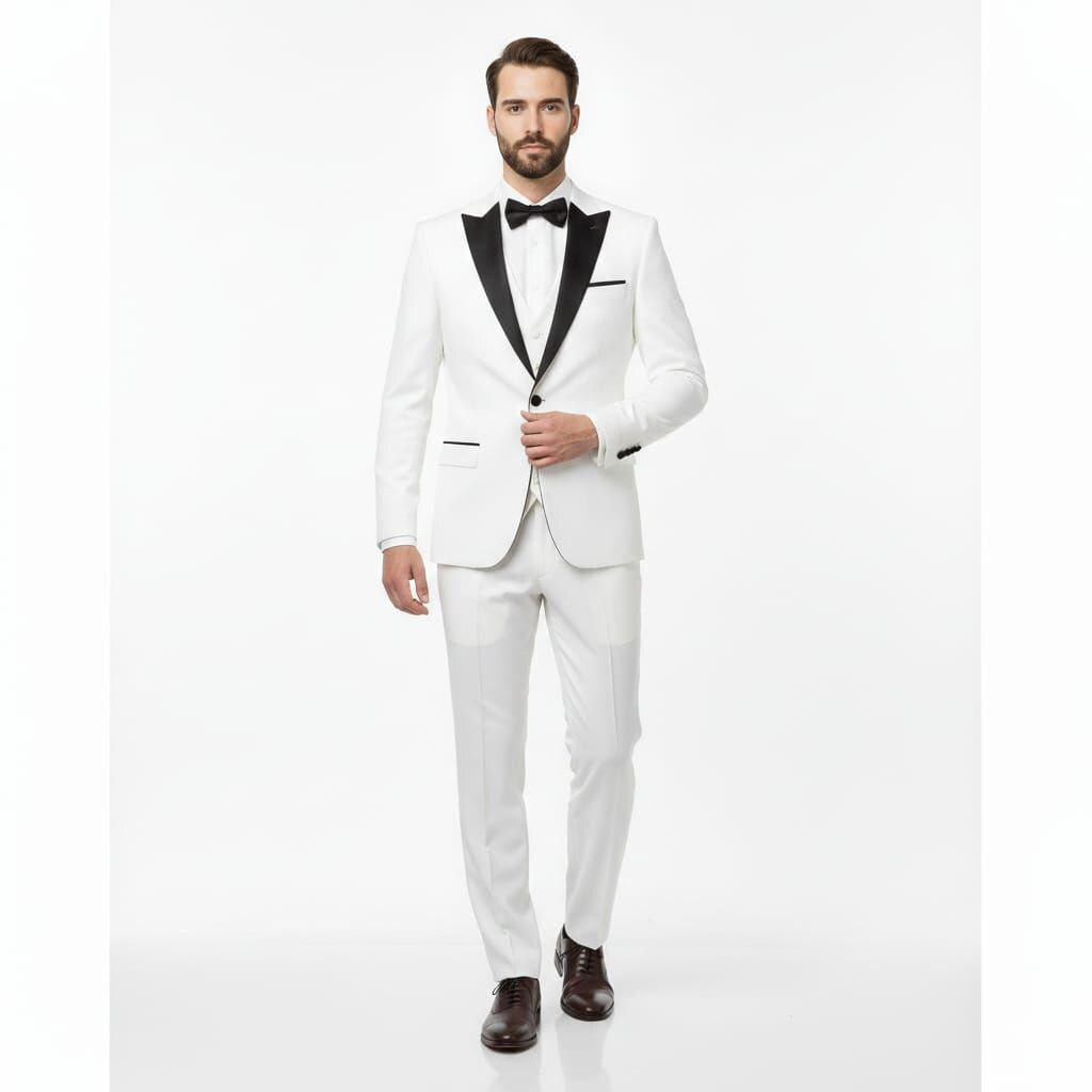 White Tuxedo Suit, Black Lapel, 2-Piece Wedding Suit