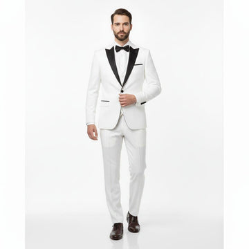 White Tuxedo Suit, Black Lapel, 2-Piece Wedding Suit