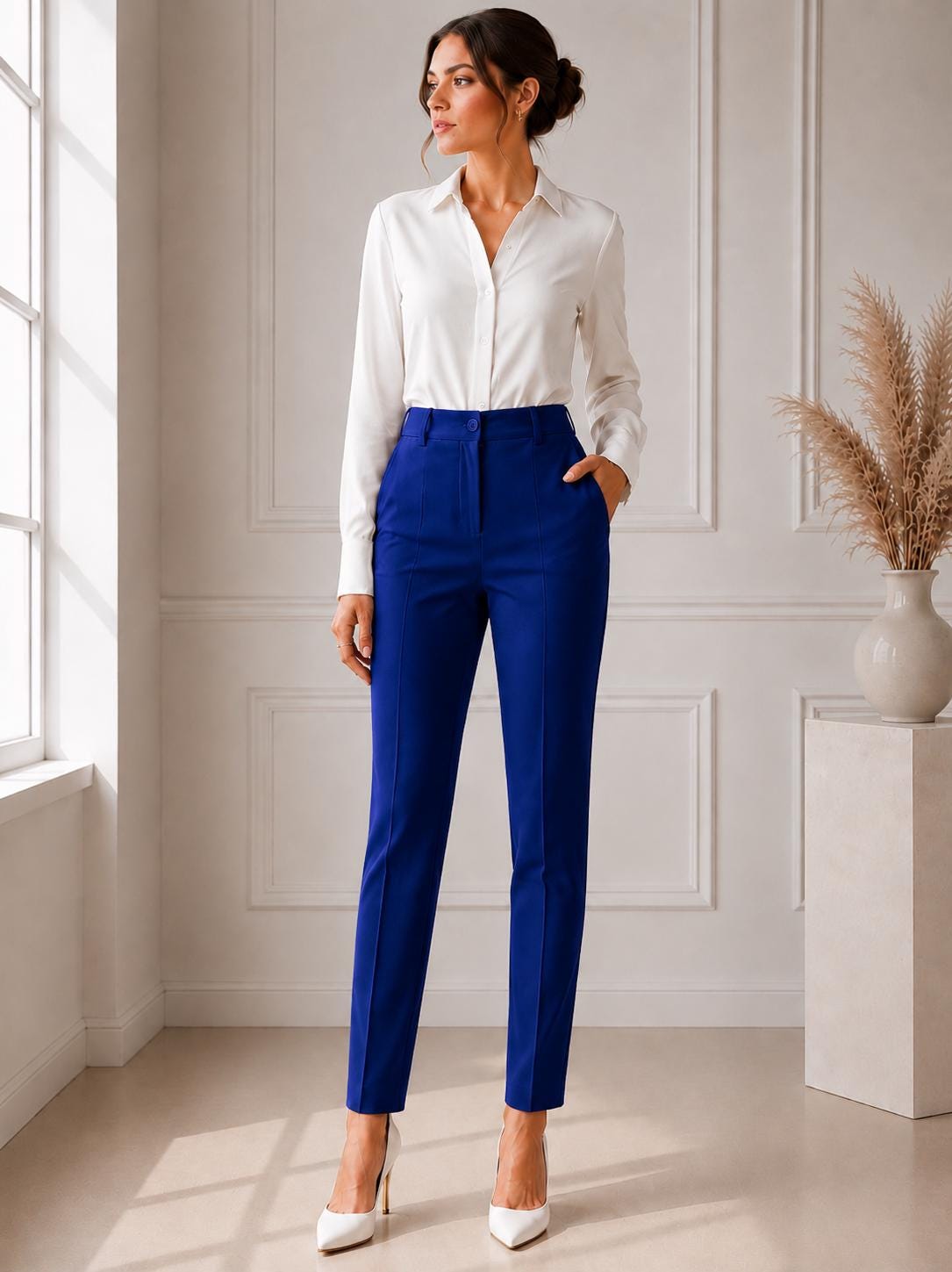 Women's Tailored High Waist Trousers, Minimalist Office Work Pants