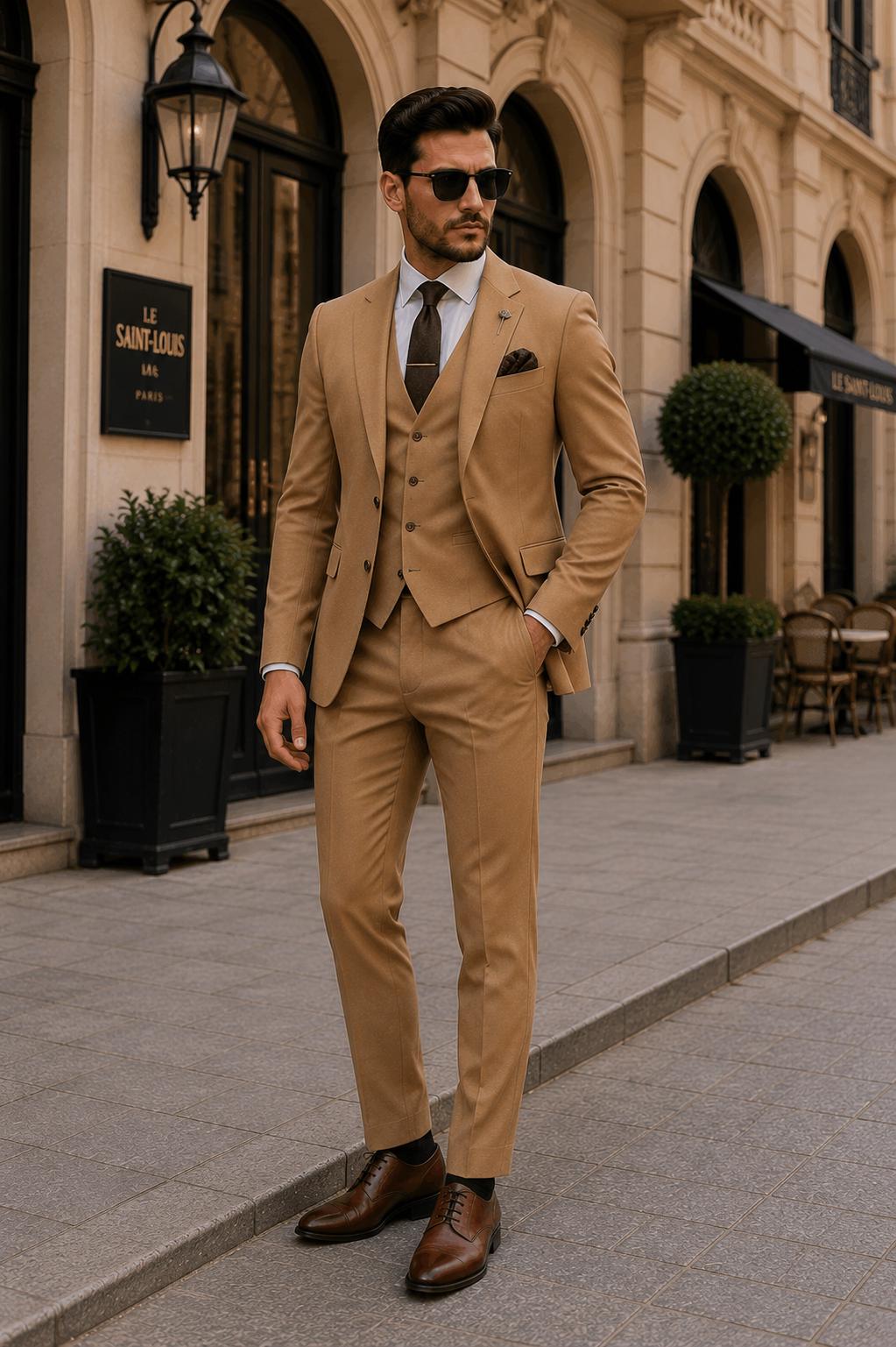 Camel 3-Piece Men's Suit | Luxury Wedding Groom Formal Outfit