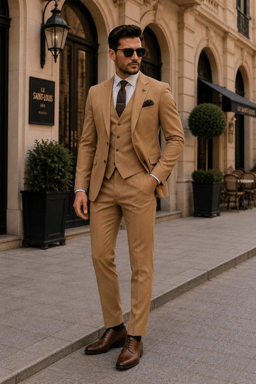 Camel 3-Piece Men's Suit | Luxury Wedding Groom Formal Outfit