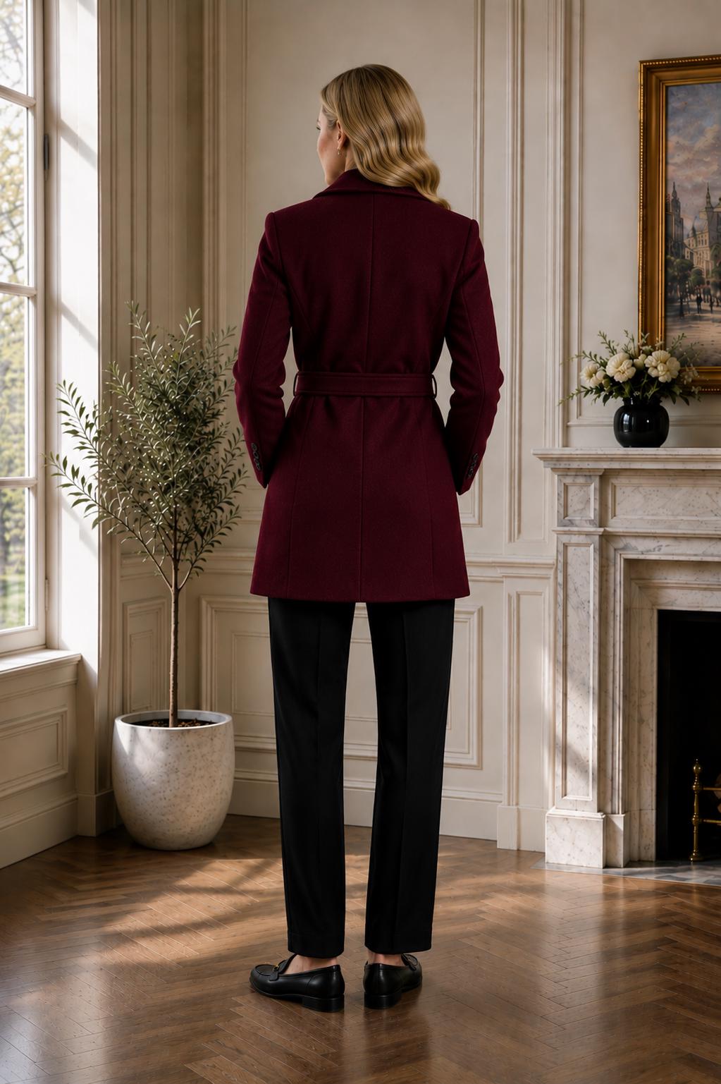 Burgundy Double Breasted Wool Blend Coat, Belted Winter Jacket, Tailored Overcoat