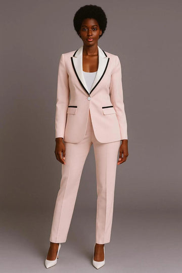 Blush Pink Two-Piece Suit: Contrast Lapel Blazer, Straight-Leg Trousers