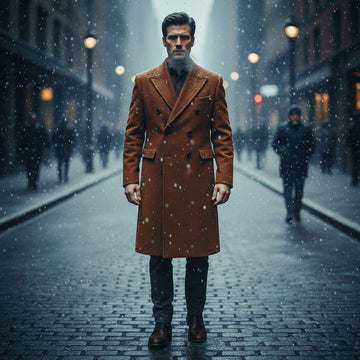 Camel Tweed Trench Long Coat For Men Wedding, Grooms & Groomsman