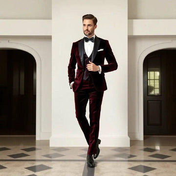 Classic Maroon Velvet 3pc Suit For Men Wedding, Partywear, Grooms & Groomsman