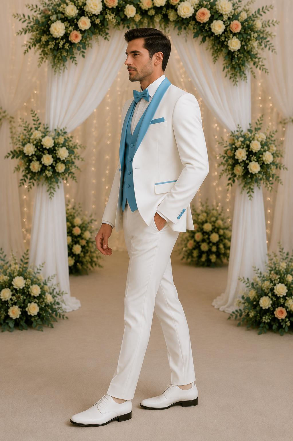 Men's Off-White 3-Piece Suit, Aqua Blue waist, Wedding Party Wear