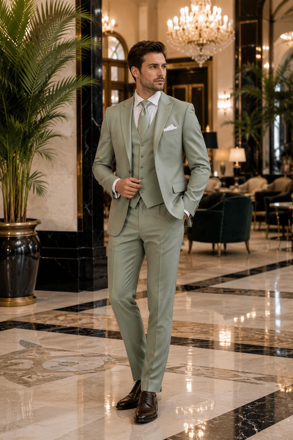 Sage Green Men’s 3 Piece Suit | Custom Groom Attire | Handmade Wedding Blazer Vest Pants | Luxury Formal Wear
