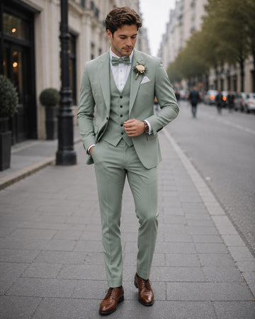 Luxury Sage Green Slim Fit Three Piece Suit For Men Partywear, Wedding, Grooms & Groomsman