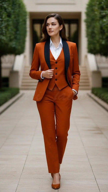 Classic Slim Fit Rust 3pc Suit For Women Partywear, Formal & Business wear.