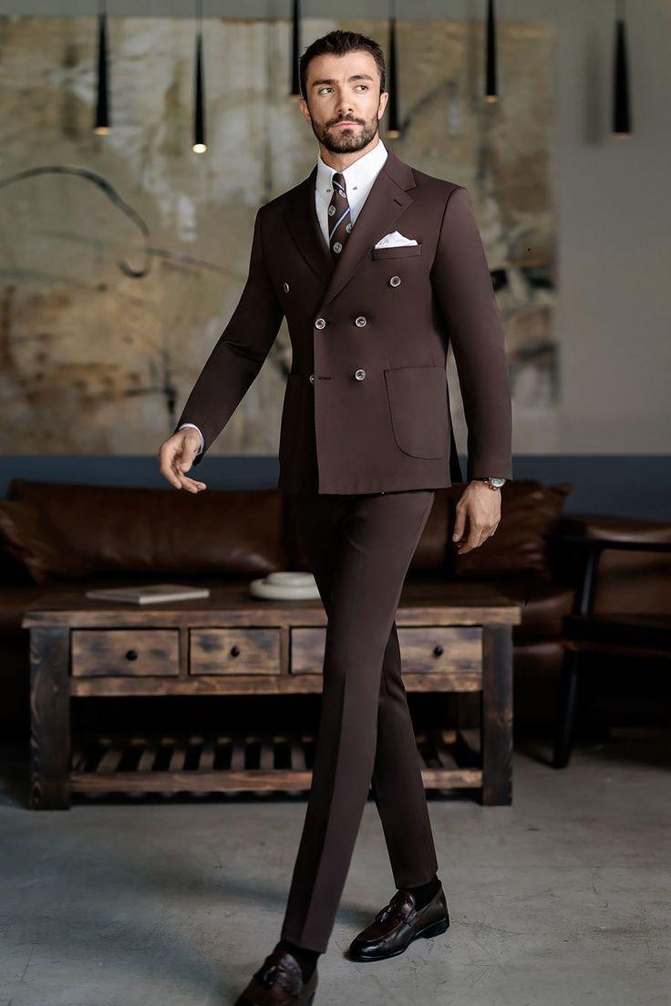 Classic Slim Fit Brown Two Piece Double-Breasted Suit For Men Partywear & Grooms
