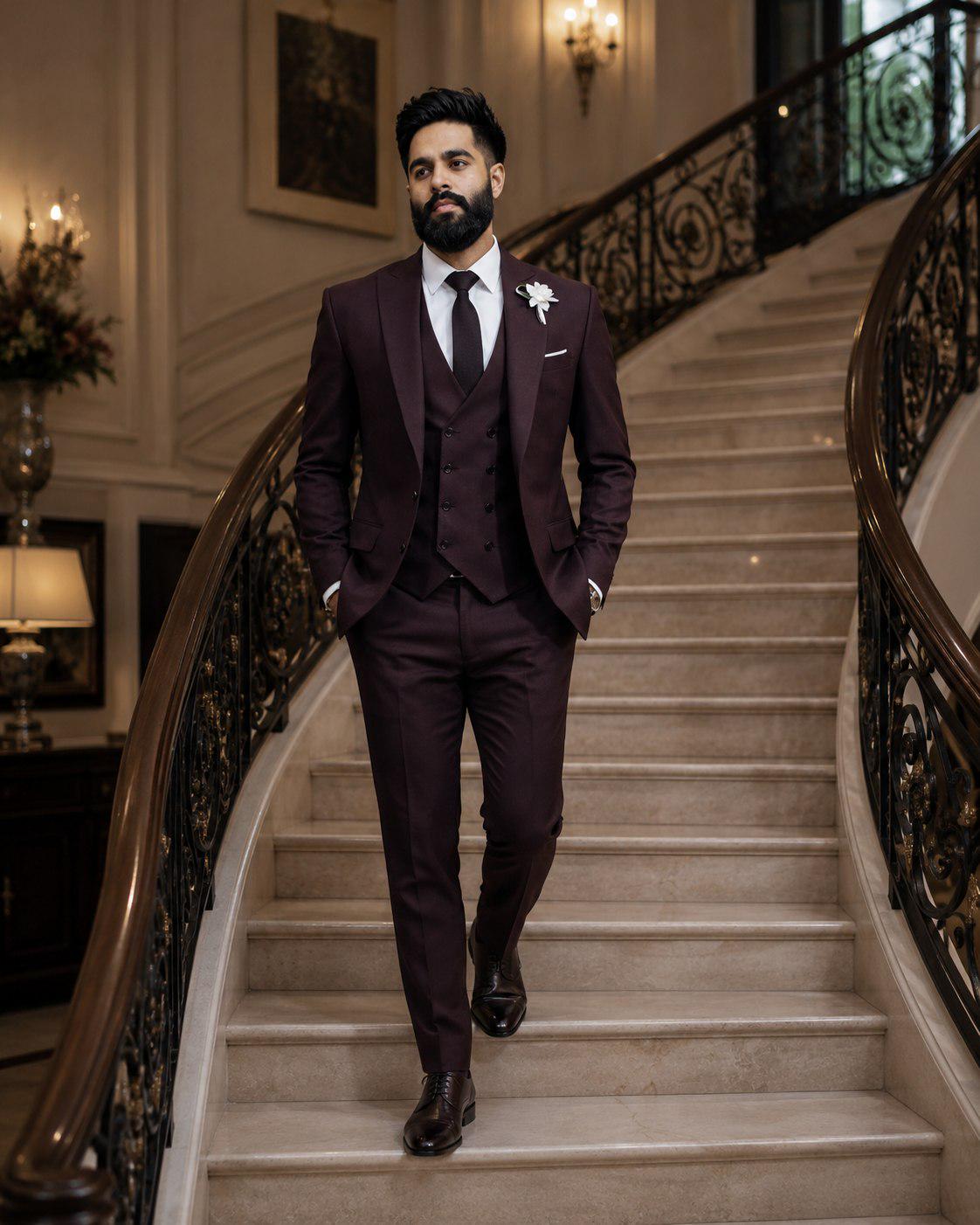 Classic Dark Wine Slim Fit Three Piece Suit For Men Partywear, Wedding, Grooms & Groomsman