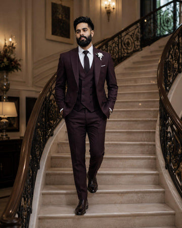 Classic Dark Wine Slim Fit Three Piece Suit For Men Partywear, Wedding, Grooms & Groomsman