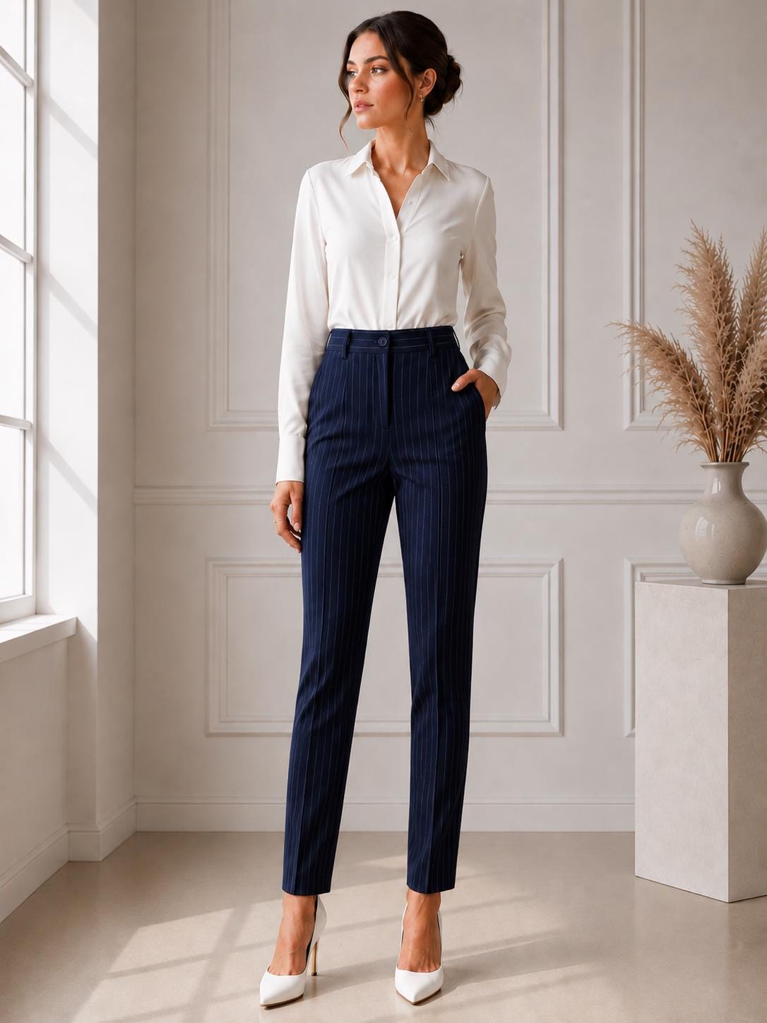 Navy Blue Pinstripe Tailored Trousers, High Waist Minimalist Office Wear