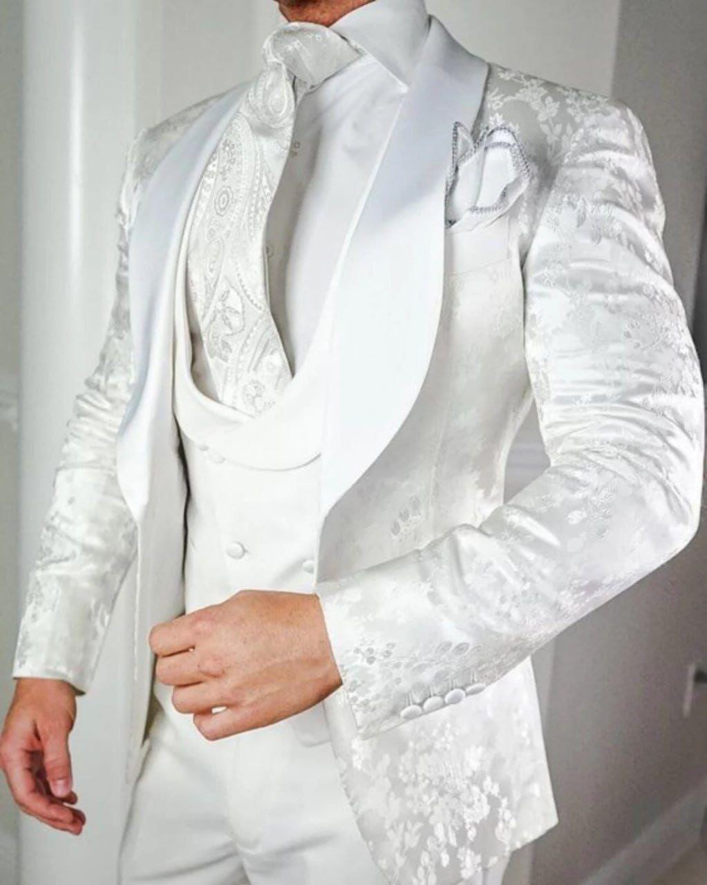 Classic White Jacquard Three piece For Men Partywear, office wear, Wedding, Grooms & Groomsman