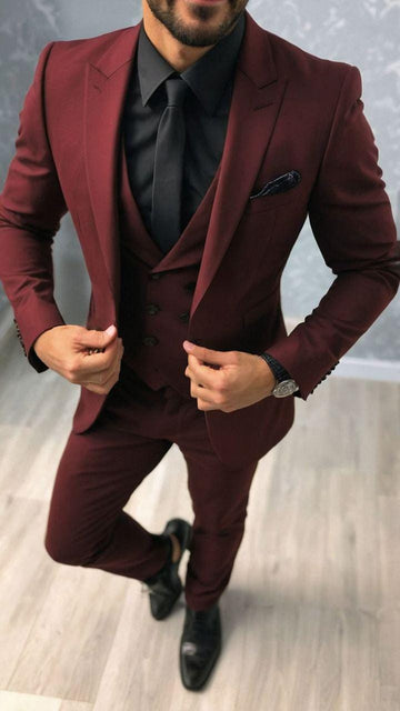 Oxblood Red Slim Fit Three Piece Suit For Men Partywear, Wedding, Grooms & Groomsman