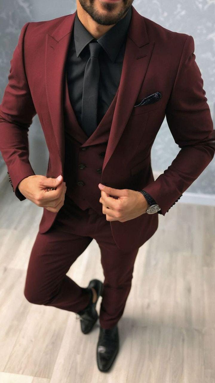 Oxblood Red Slim Fit Three Piece Suit For Men Partywear, Wedding, Grooms & Groomsman
