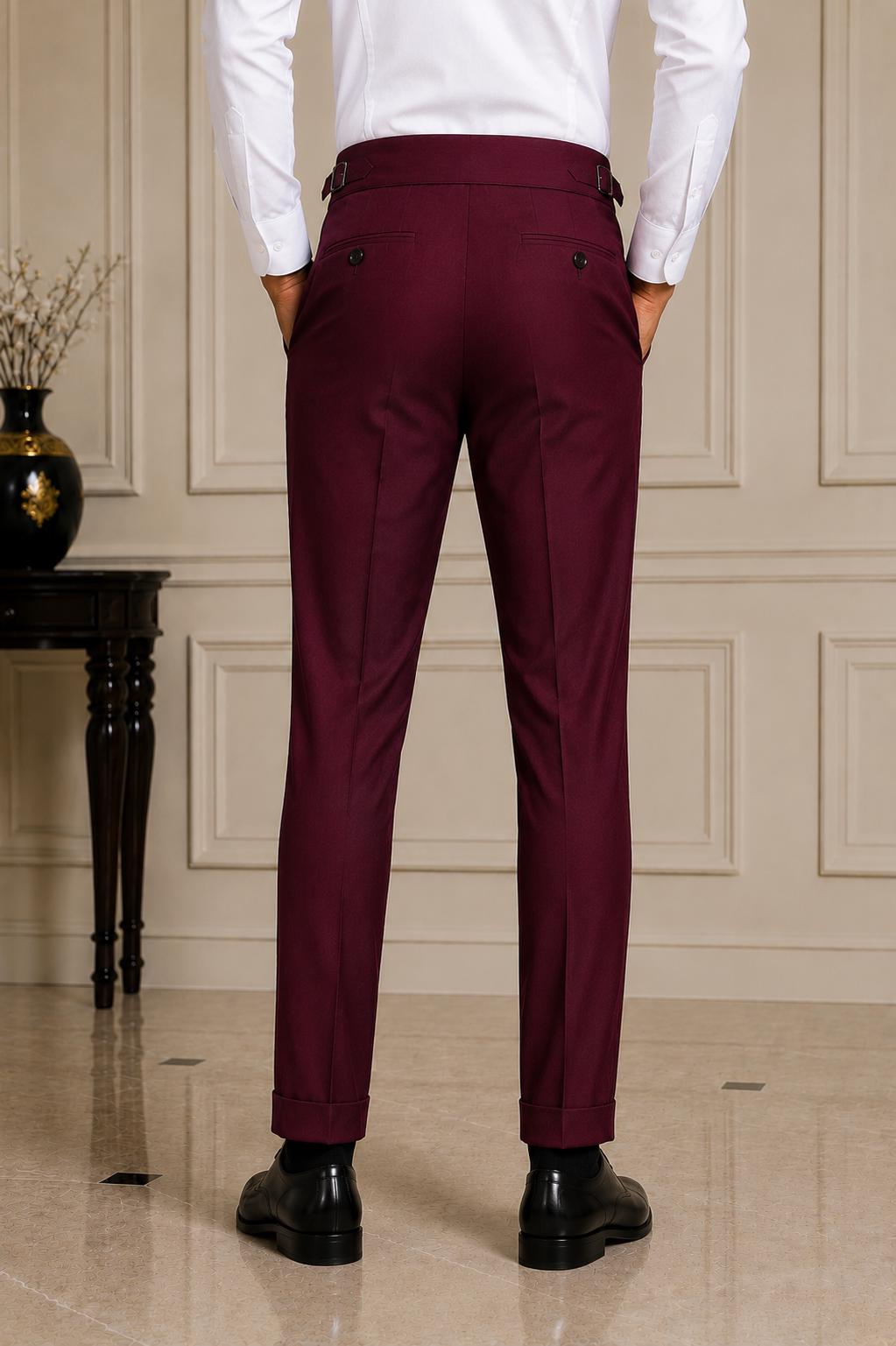 Classic Wine Gorkha Trousers – Men's High Waist Custom Tailored Formal Pants