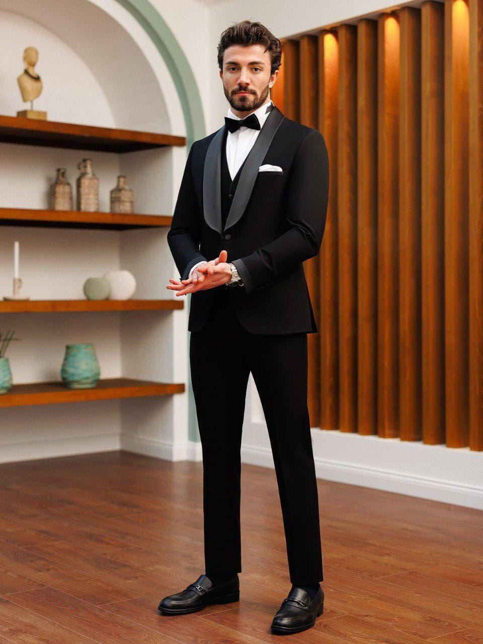 Classic Black Tuxedo Three piece For Men Partywear, office wear, Wedding, Grooms & Groomsman