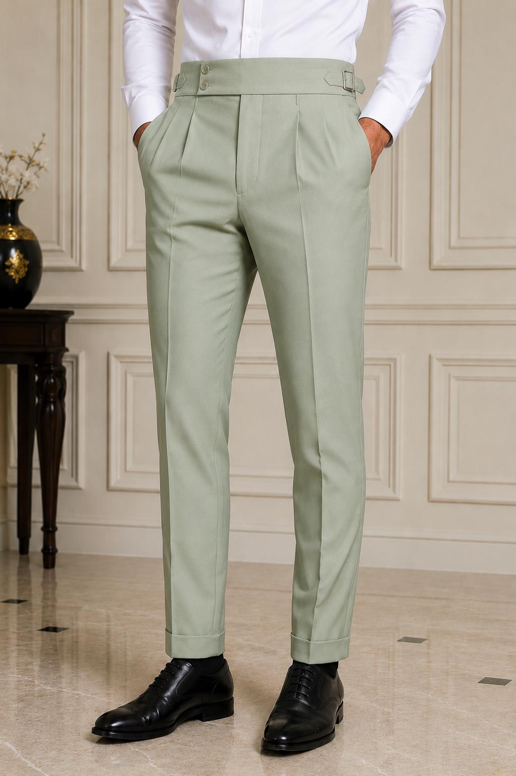 Sage Green Gorkha Trousers – Men's High Waist Custom Tailored Formal Pants