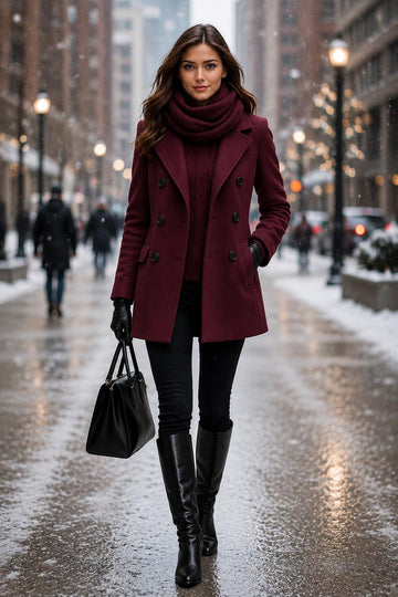 Classic Wine Women Coat Tweed wool winter wear, partywear, office wear