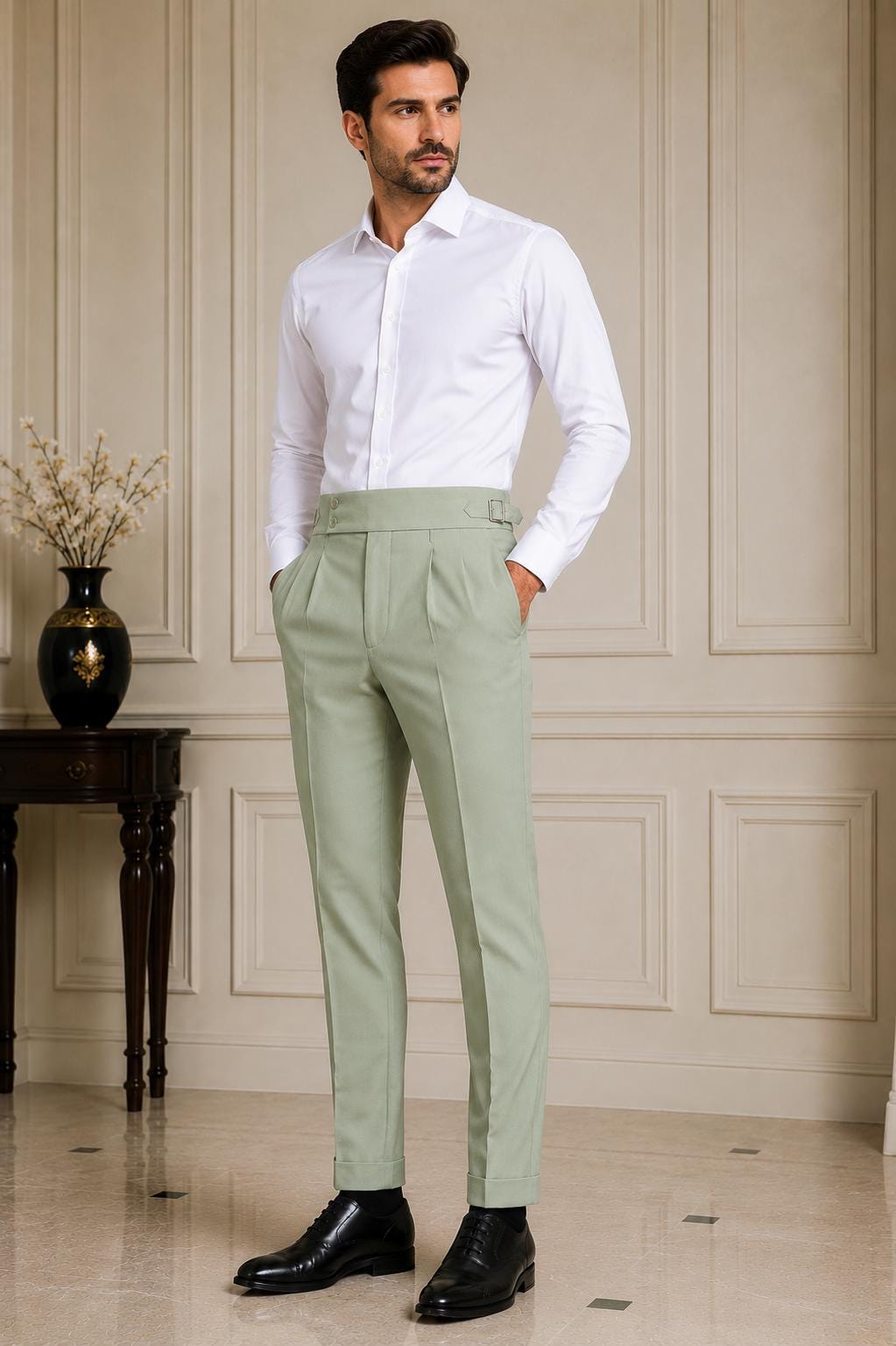 Sage Green Gorkha Trousers – Men's High Waist Custom Tailored Formal Pants