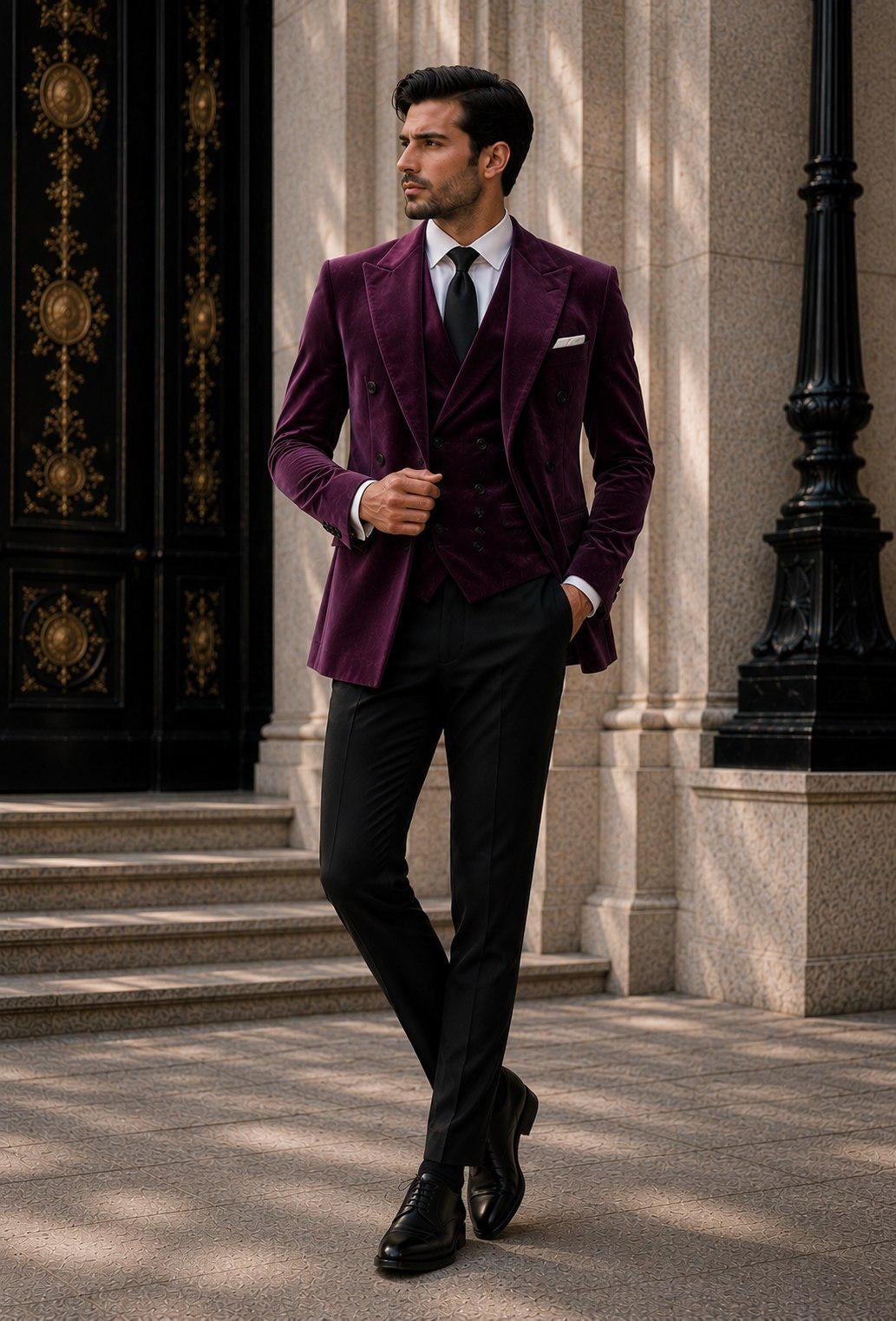 Burgundy Velvet 3 Piece Men's Custom Tailored Suit for Weddings and Formal Events