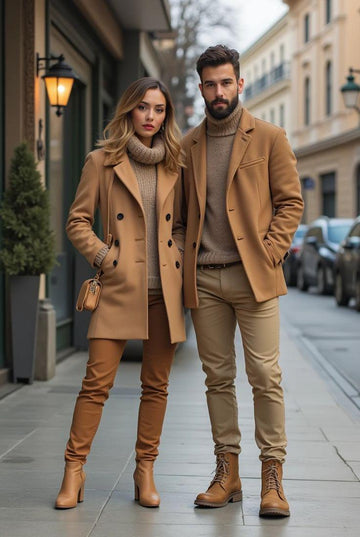 Camel Couple's Long Wool-Blend Coat Set: Elegant Winter Outerwear for Him & Her