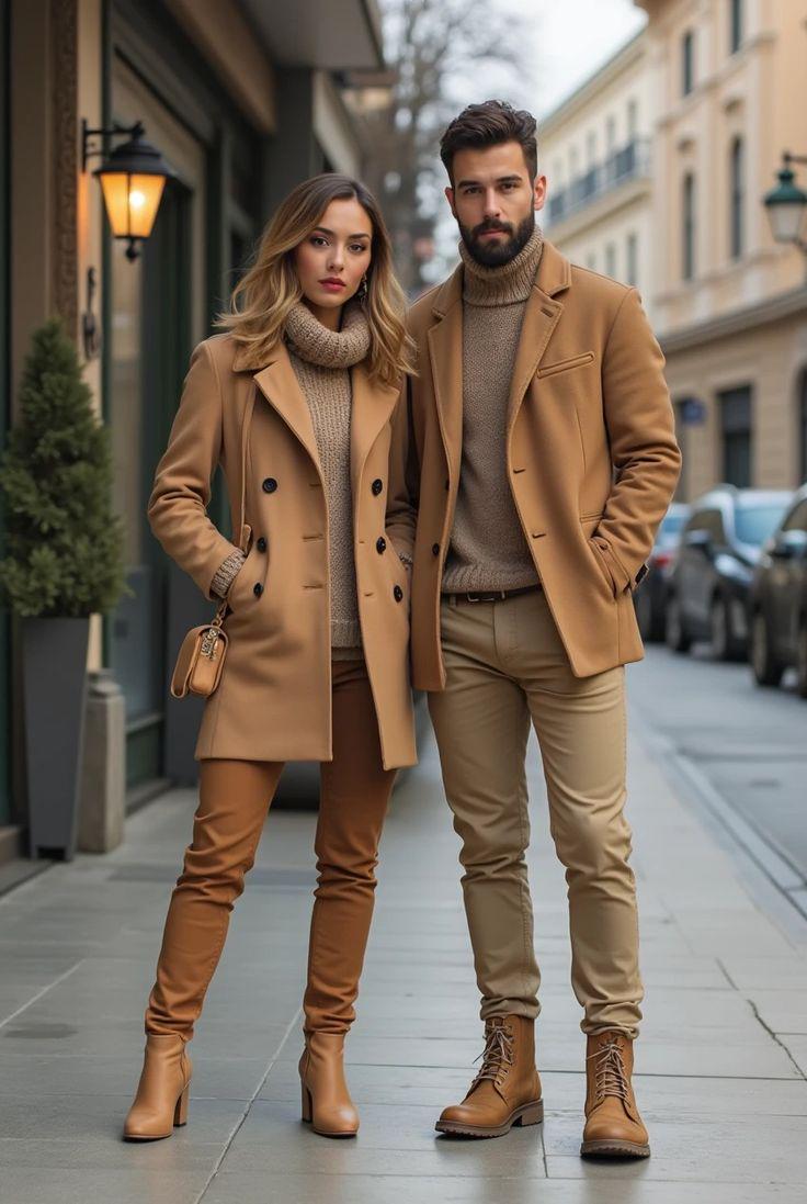 Camel Couple's Long Wool-Blend Coat Set: Elegant Winter Outerwear for Him & Her
