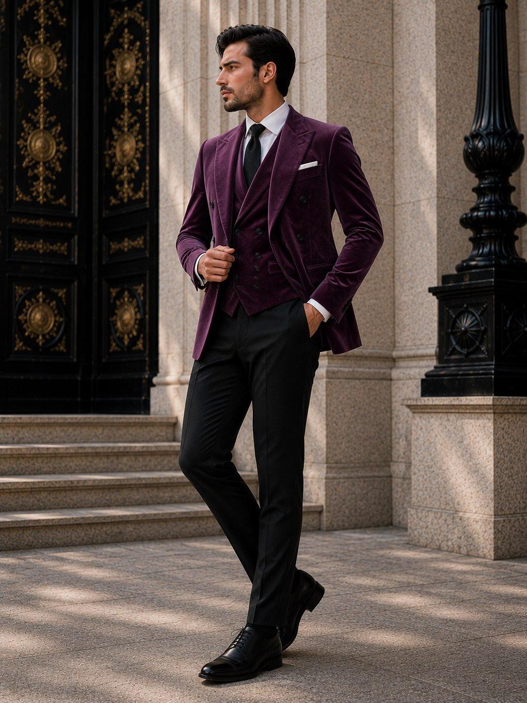 Burgundy Velvet 3 Piece Men's Custom Tailored Suit for Weddings and Formal Events