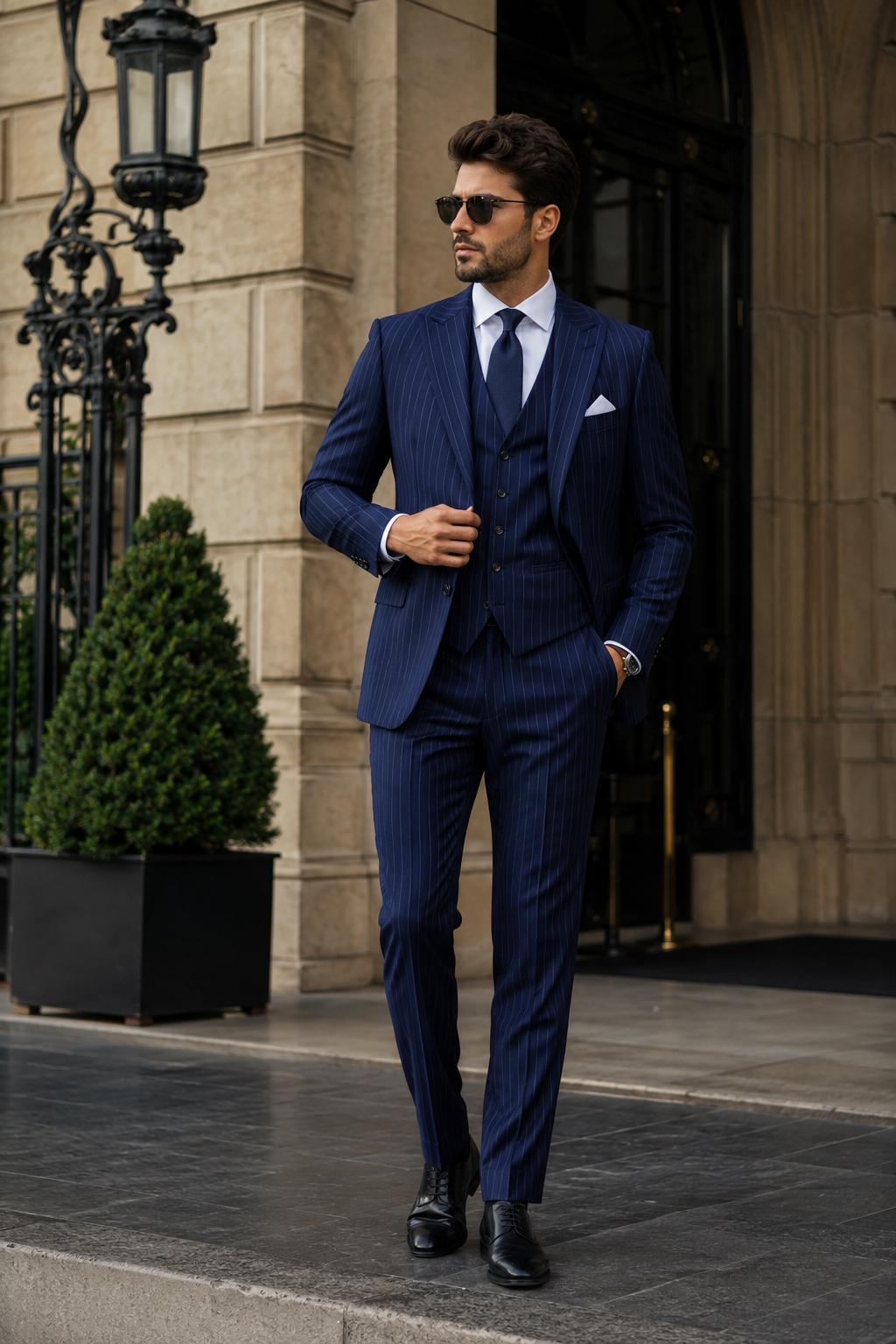 Dark Navy Blue Pinstripe 3 Piece Suit for Men Custom Tailored Wedding Business and Formal Suit