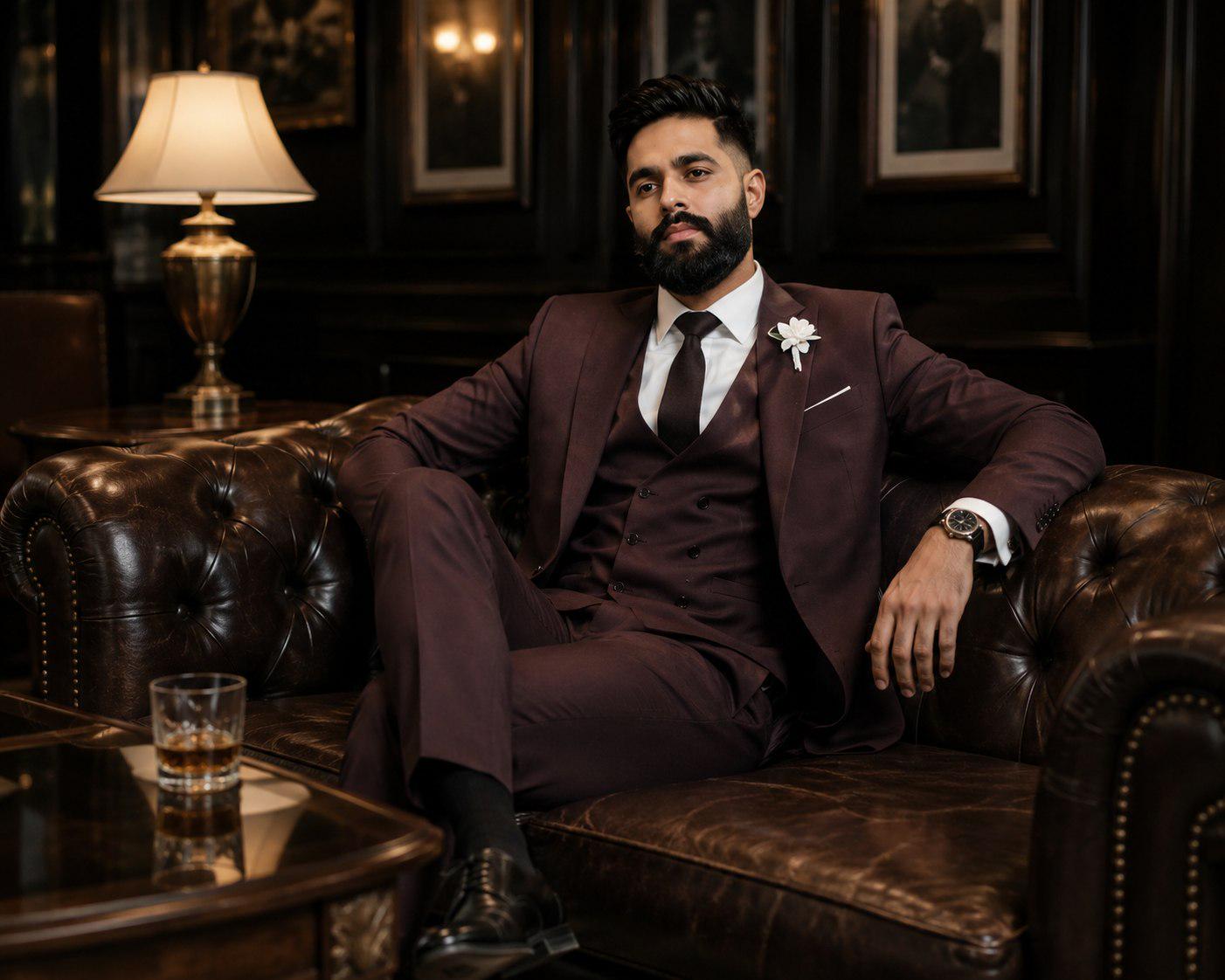 Classic Dark Wine Slim Fit Three Piece Suit For Men Partywear, Wedding, Grooms & Groomsman