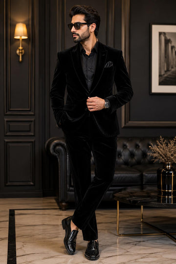 Black Velvet Suit: Men's 2 Piece Tailored Wedding Blazer Pants Custom Made