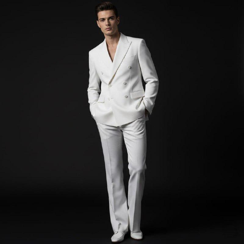 Class Slim Fit White Double-Breasted Suit Groom & Groomsmen