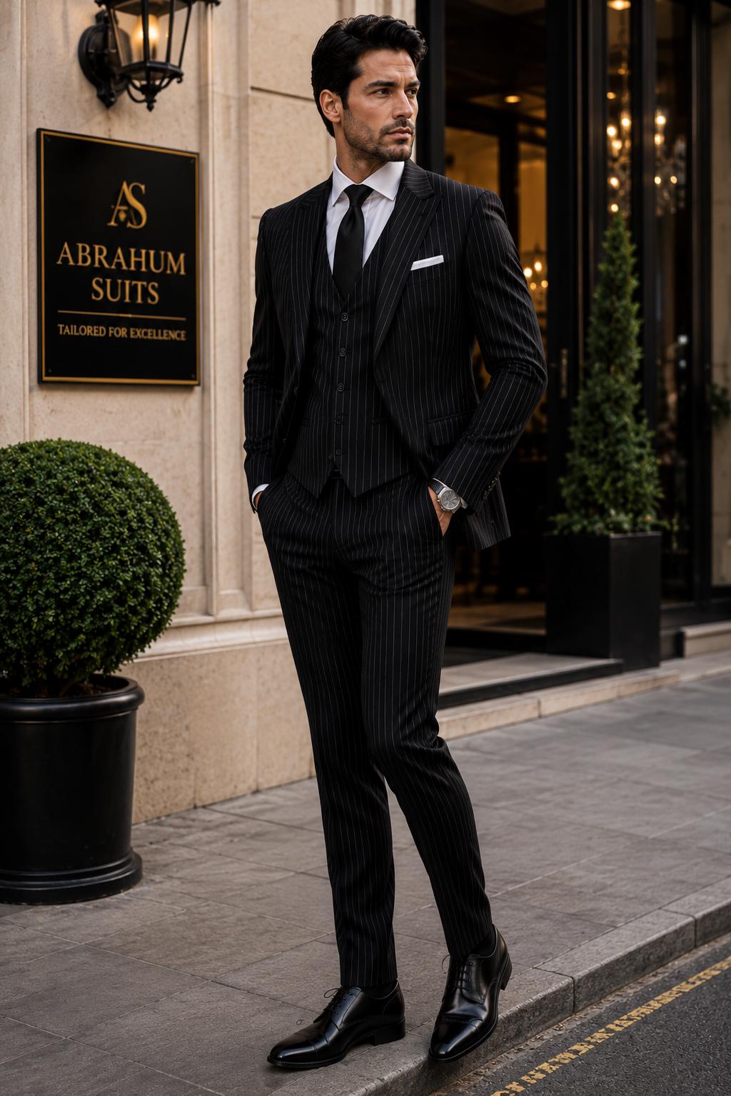 Black Pinstripe Mens 3 Piece Suit Wedding Groom Suit Custom Tailored Slim Fit Business Formal Tuxedo