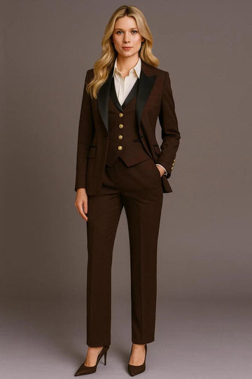 Chocolate Brown Three-Piece Women's Suit: Peak Lapel, Gold Buttons