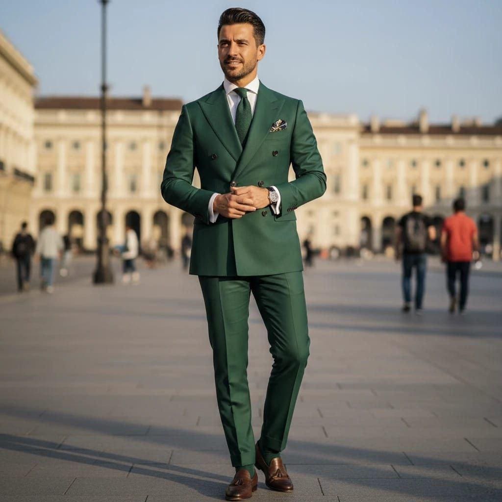 Classic Green Double-Breasted Slim Fit Suit For Men Partywear, Office Wear & Grooms