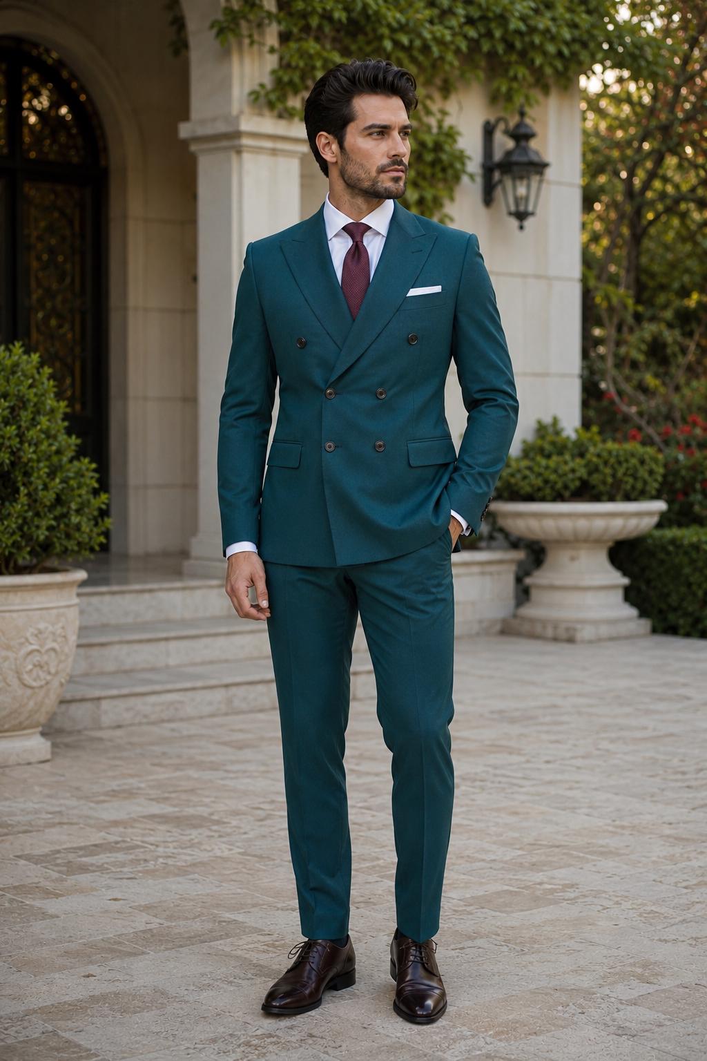 Teal Double Breasted Men's Suit: Slim Fit Wedding Blazer, Formal Business Attire (Custom Tailored)
