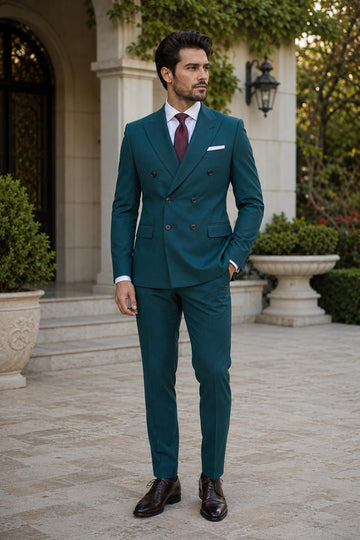 Teal Double Breasted Men's Suit: Slim Fit Wedding Blazer, Formal Business Attire (Custom Tailored)