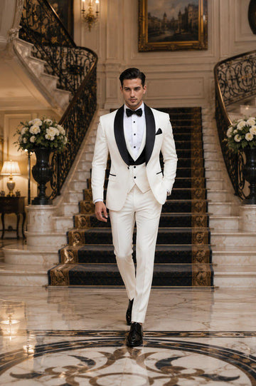Classic White Tuxedo Slim Fit Three Piece Suit For Men Partywear, Wedding, Grooms & Groomsman