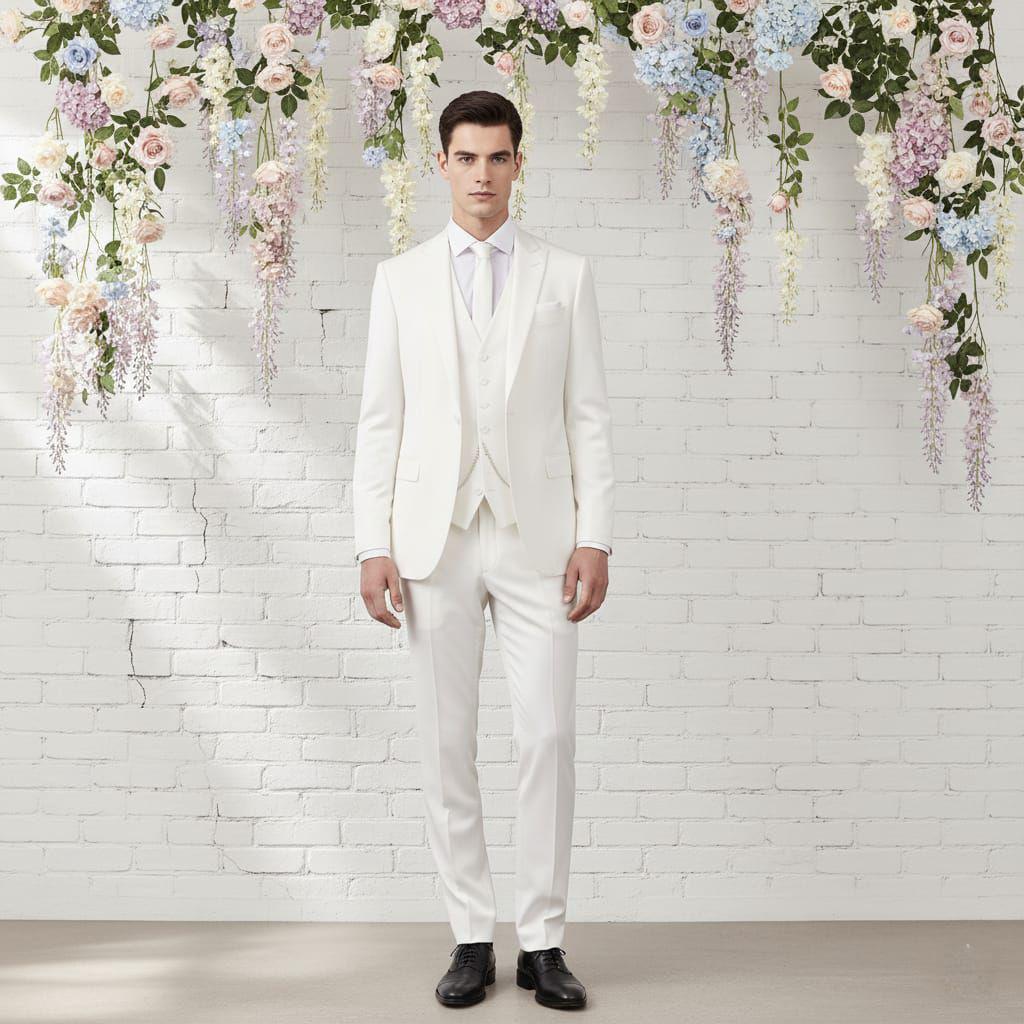 Classic White 3pc Suit For Men Wedding, Prom, Grooms & Groomsman