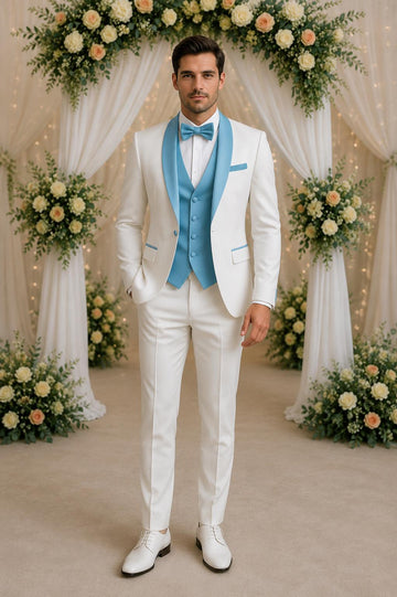 Men's Off-White 3-Piece Suit, Aqua Blue waist, Wedding Party Wear