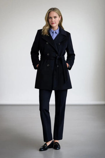 Wool-Blend Black Belted Coat - Women’s Double-Breasted Winter Outerwear