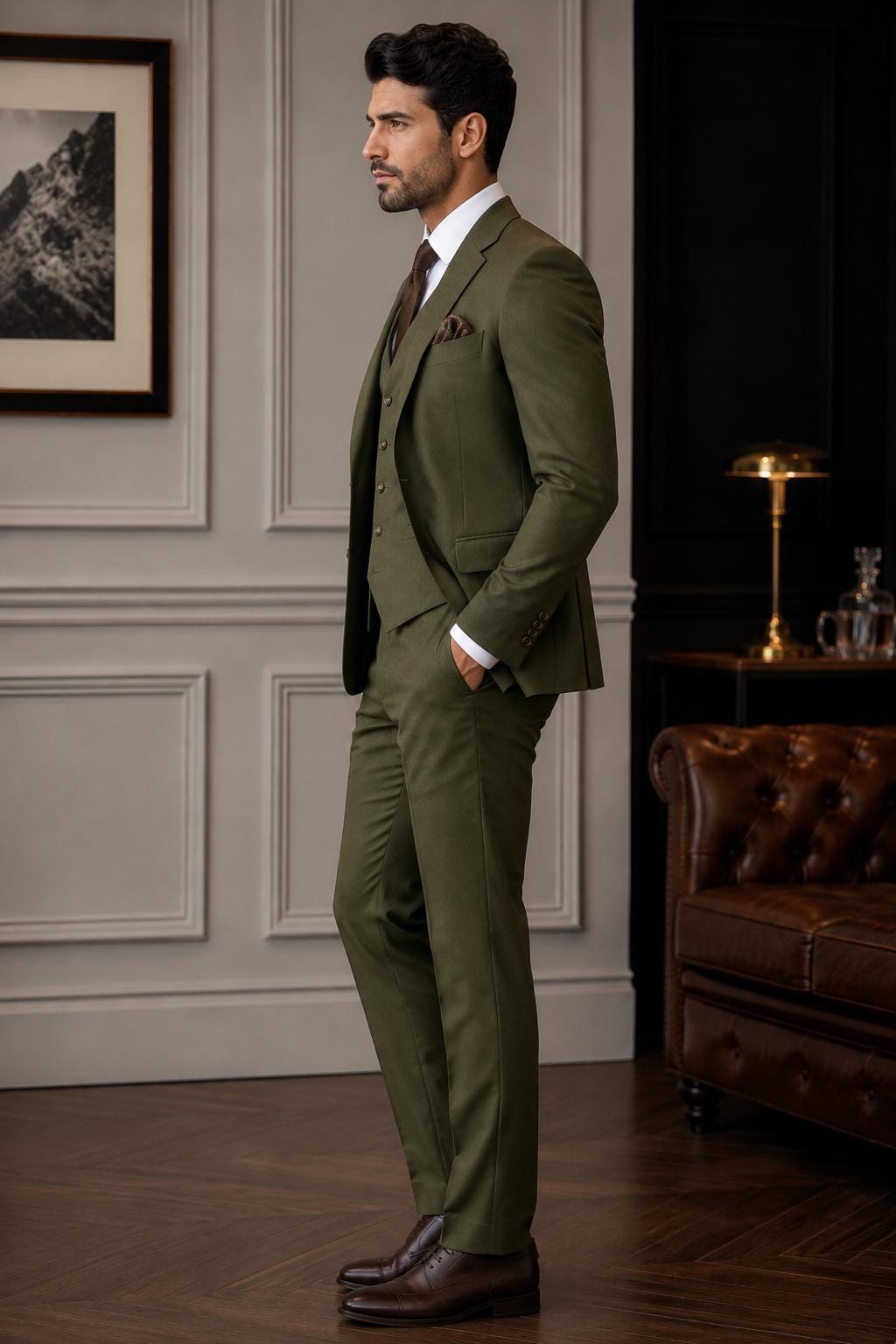 Olive Green Rayon 3pc Suit For Men Wedding, Prom, Grooms & Groomsman