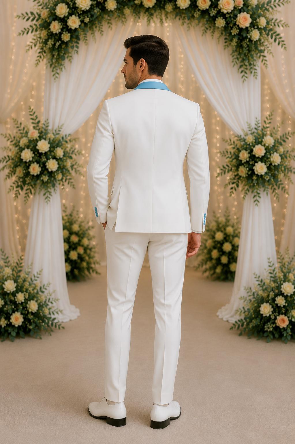 Men's Off-White 3-Piece Suit, Aqua Blue waist, Wedding Party Wear