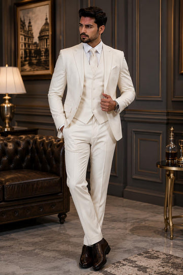 Off White Men's 3-Piece Luxury Wedding Suit, Custom Tailored Formal Outfit Blazer Waistcoat Pants